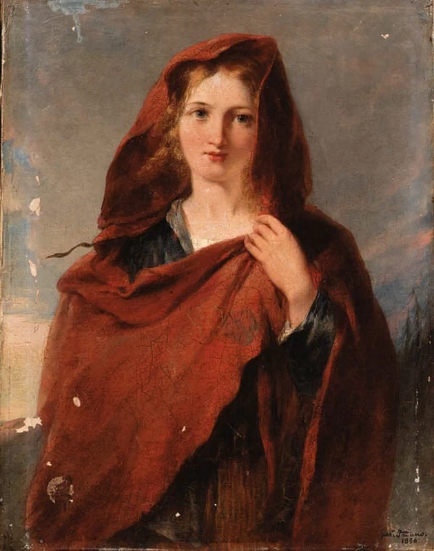 Donna con scialle rosso - attribuito